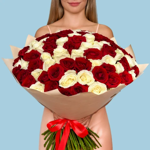 100 Premium White and Red Roses